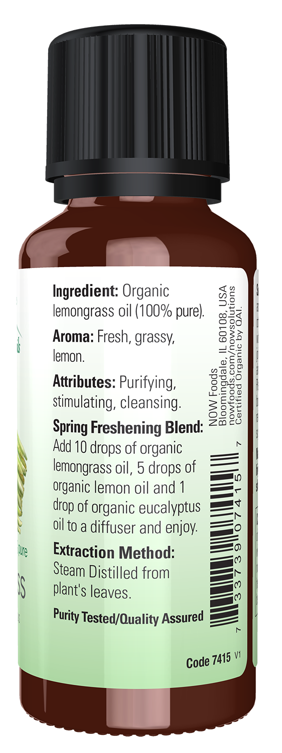 NOW Essential Oils, Organic Lemongrass Oil, Steam Dist., Undiluted,1 fl. oz