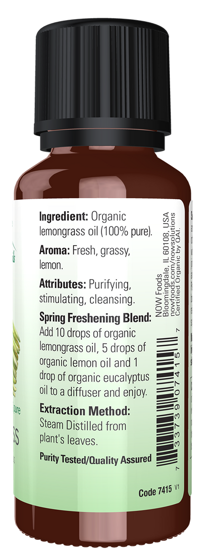 NOW Essential Oils, Organic Lemongrass Oil, Steam Dist., Undiluted,1 fl. oz