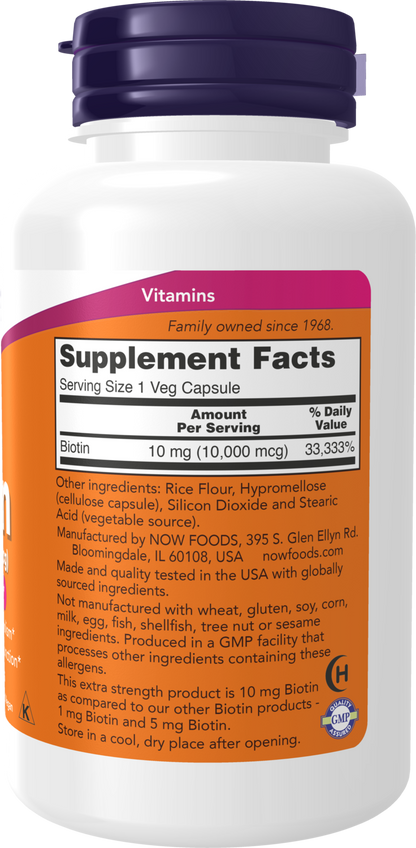 NOW Supplements, Biotin 10 mg (10,000 mcg), Extra Strength, 120 Veg Caps