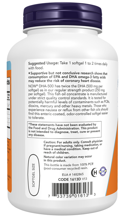 NOW Supplements, DHA-500 with 250 EPA, Molecularly Distilled, 180 Softgels