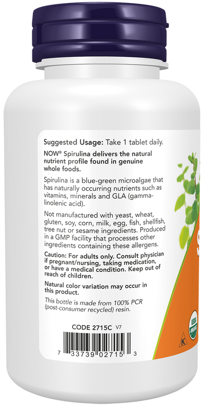NOW Supplements, Organic Spirulina 1,000 mg, Double Strength, 120 Tabs