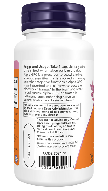 NOW Supplements, Alpha GPC 600 mg, Brain Support*, 60 Veg Caps