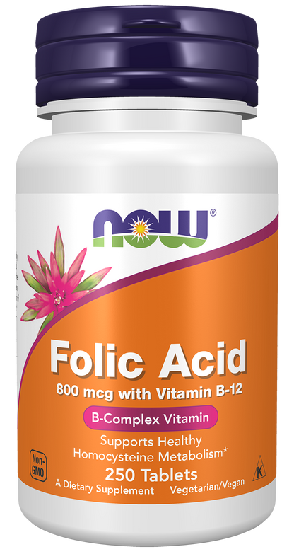 NOW Supplements, Folic Acid 800 mcg + B-12 25 mcg, B-Complex Vit, 250 Tabs
