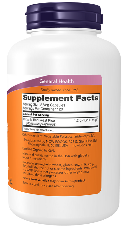 NOW Supplements, Red Yeast Rice 600 mg, Organic Red Yeast, 240 Veg Caps
