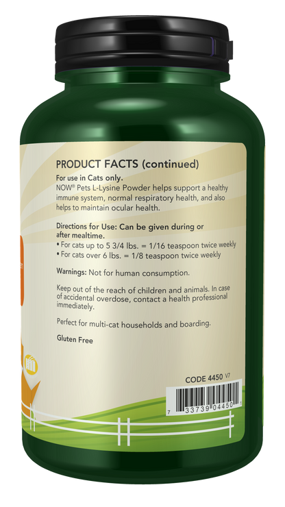 NOW Pet Health, L-Lysine Supplement, Powder, For Cats, 8-Ounce