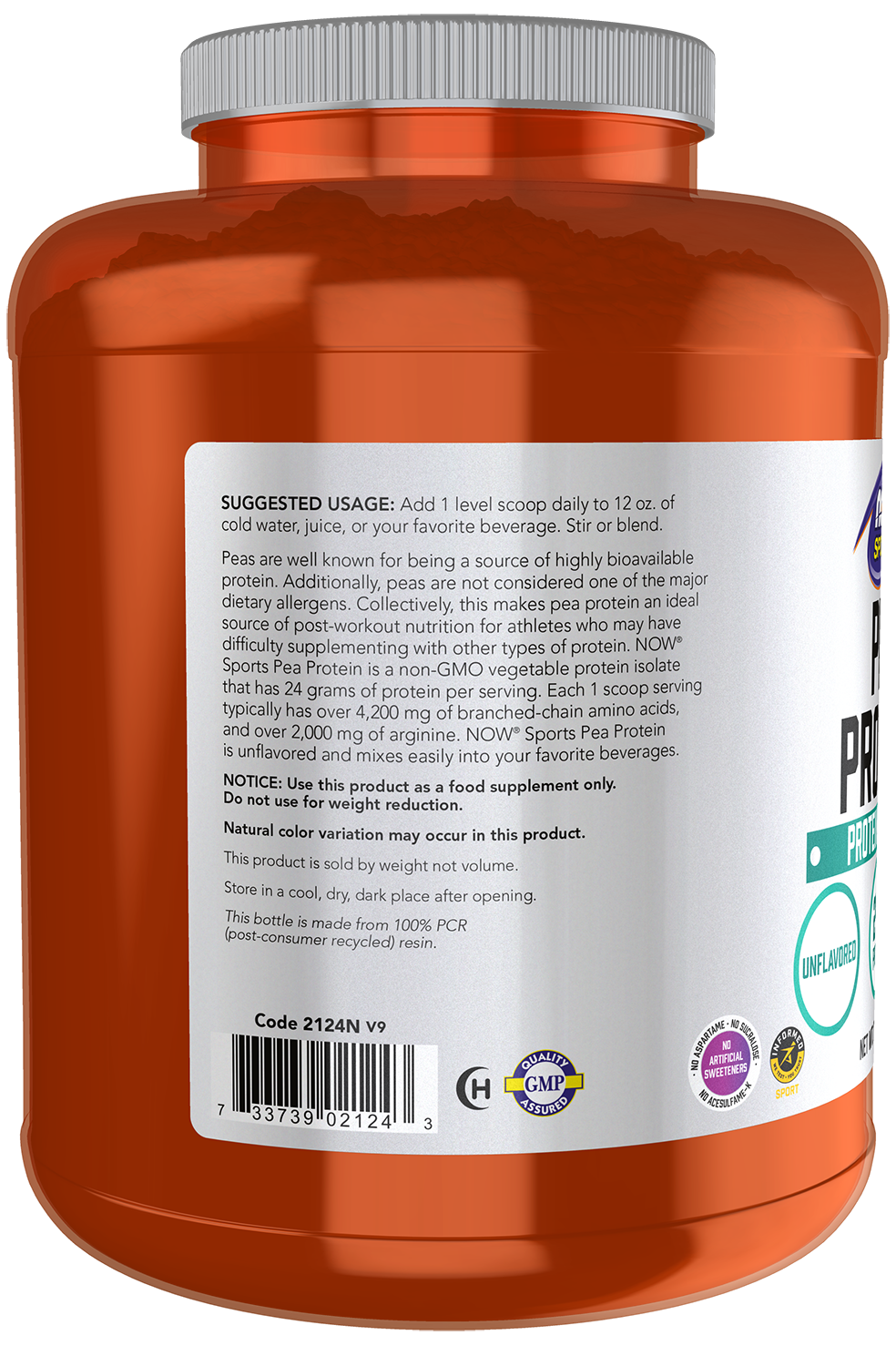 NOW Sports, Pea Protein 24 g, Mixes Easily, Unflavored Powder, 7 lbs