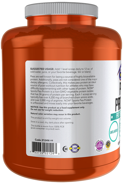 NOW Sports, Pea Protein 24 g, Mixes Easily, Unflavored Powder, 7 lbs