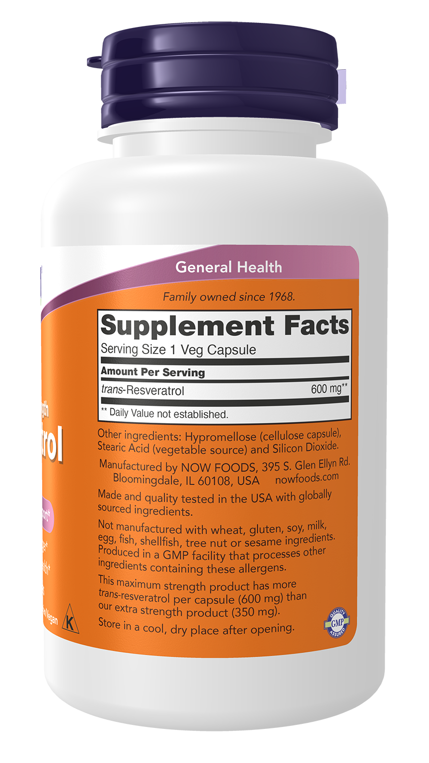 NOW Supplements, Maximum Strength Resveratrol 600 mg, 60 Veg Capsules