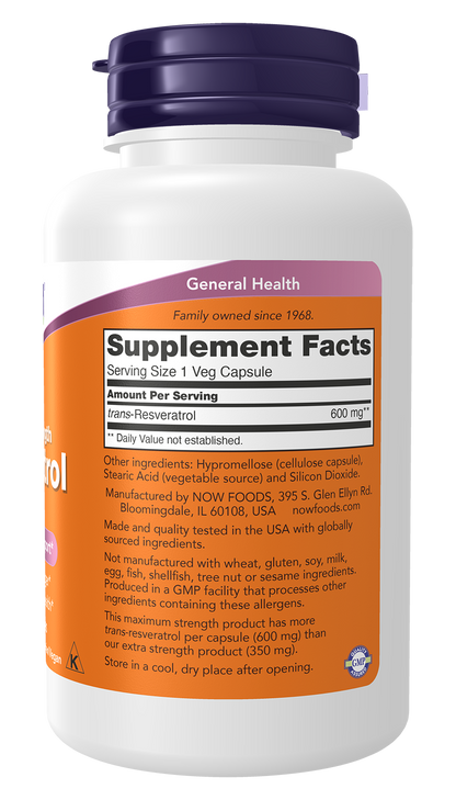 NOW Supplements, Maximum Strength Resveratrol 600 mg, 60 Veg Capsules