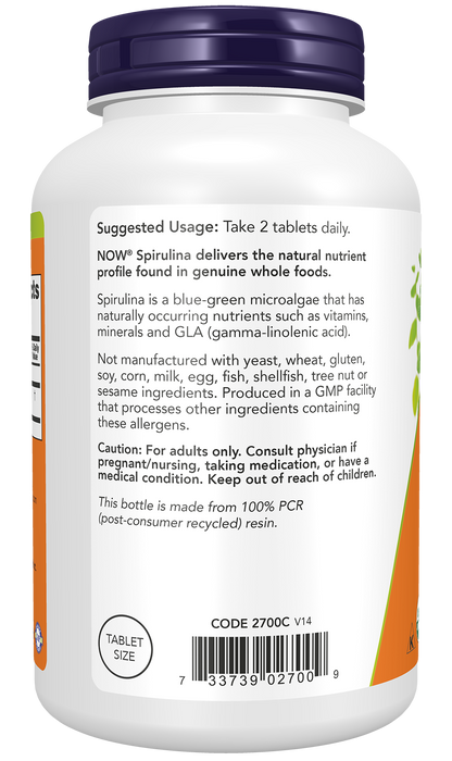 NOW Supplements, Organic Spirulina 500 mg, 500 Tabs