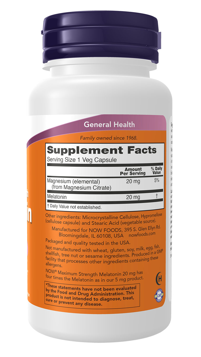 NOW Supplements, Maximum Strength Melatonin 20 mg, 90 Veg Caps
