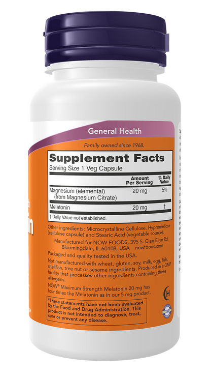 NOW Supplements, Maximum Strength Melatonin 20 mg, 90 Veg Caps