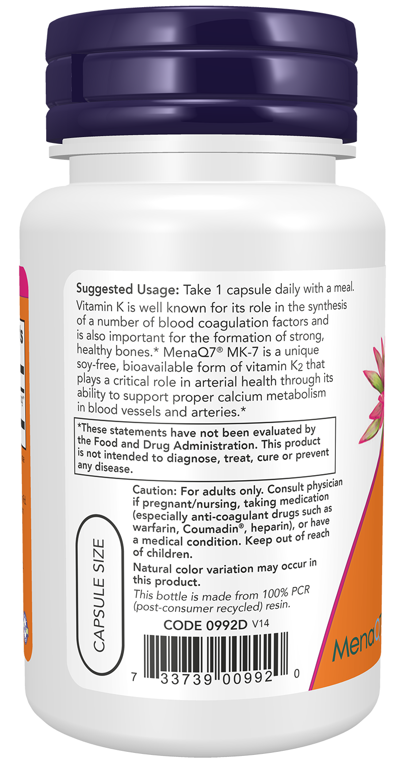 NOW Supplements, MK-7 Vitamin K-2 100 mcg, 60 Veg Caps