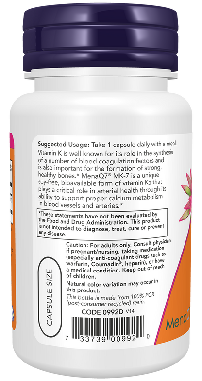 NOW Supplements, MK-7 Vitamin K-2 100 mcg, 60 Veg Caps