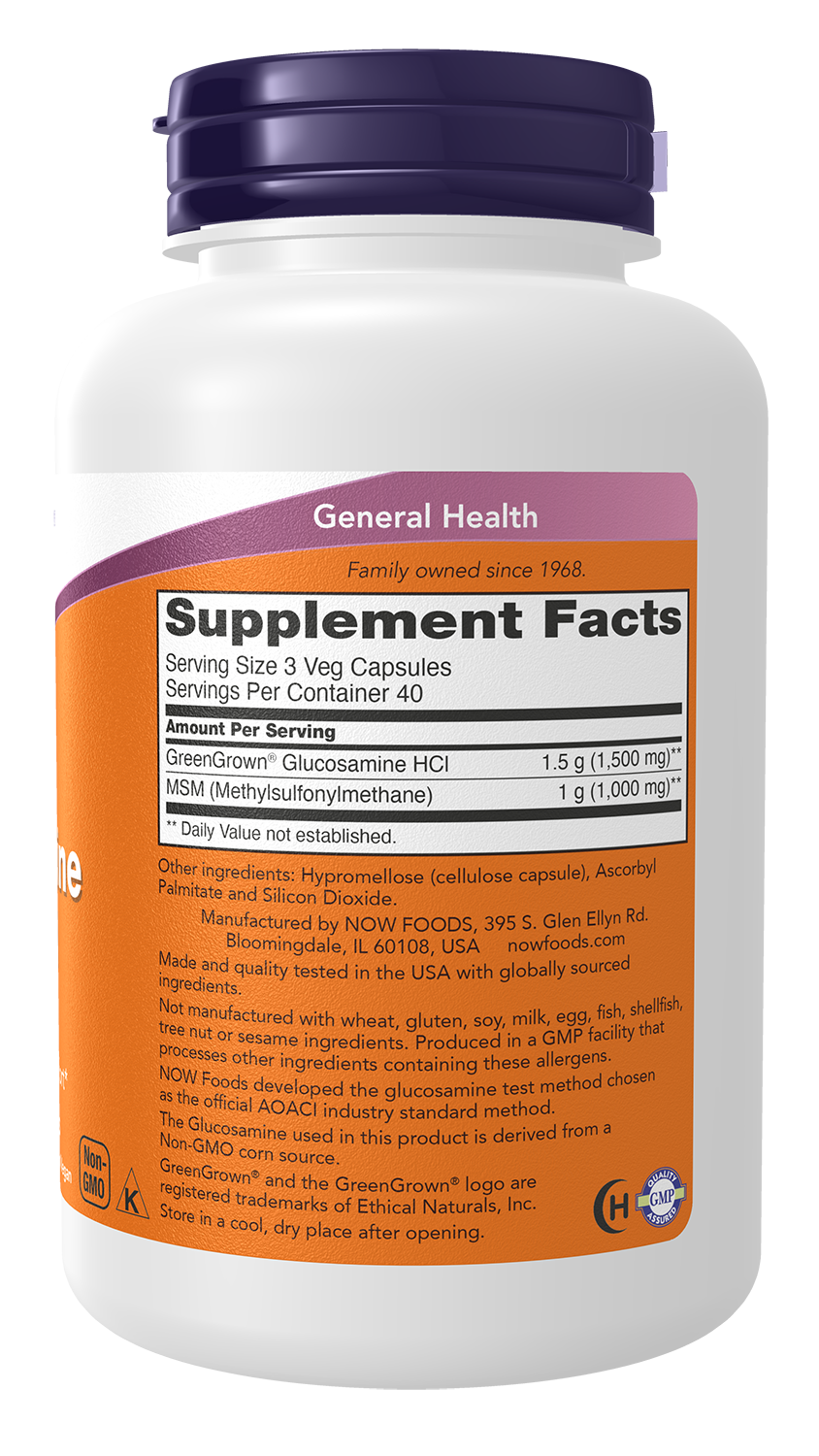 NOW Supplements, Vegetarian Glucosamine & MSM, w/GreenGrown®, 120 Veg Caps