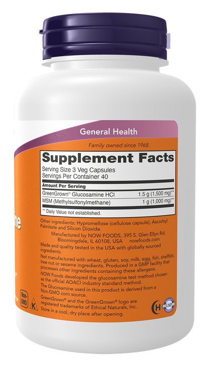 NOW Supplements, Vegetarian Glucosamine & MSM, w/GreenGrown®, 120 Veg Caps