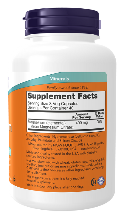 NOW Supplements, Magnesium Citrate, Enzyme Function*, 120 Veg Caps