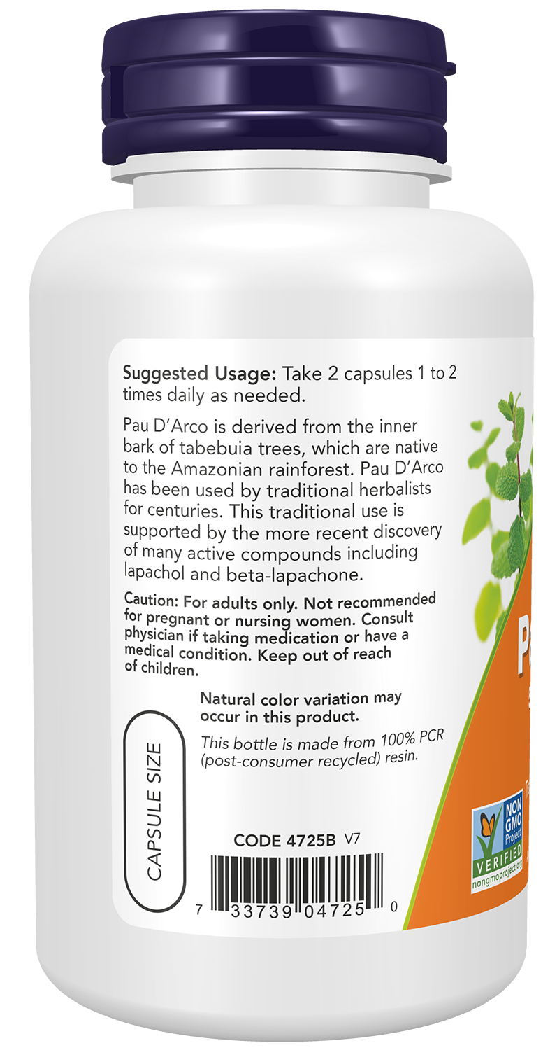 NOW Supplements, Pau D'Arco 500 mg, Herbal Support, 100 Veg Caps