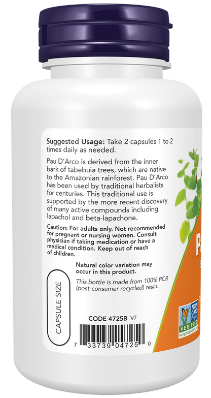 NOW Supplements, Pau D'Arco 500 mg, Herbal Support, 100 Veg Caps