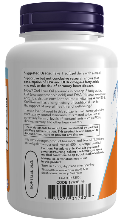 NOW Supplements, Cod Liver Oil 1,000 mg, EPA, DHA, 90 Softgels