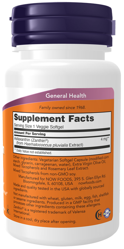 NOW Supplements, Astaxanthin 4 mg, Zanthin®, 60 Veg Softgels