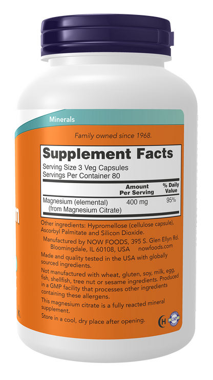 NOW Supplements, Magnesium Citrate, Enzyme Function*, 240 Veg Caps