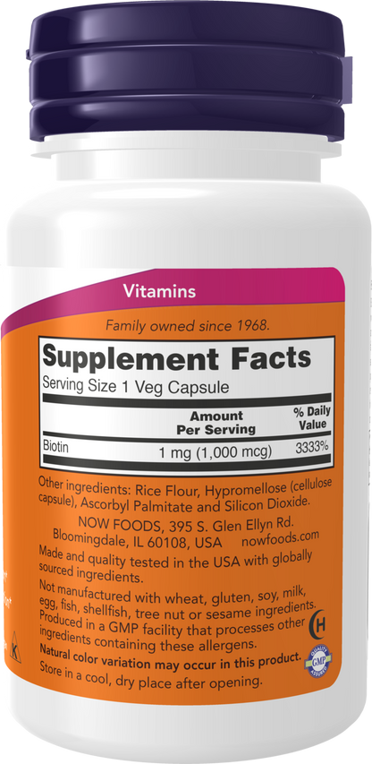 NOW Supplements, Biotin 1,000 mcg, Amino Acid Metabolism*, 100 Veg Caps
