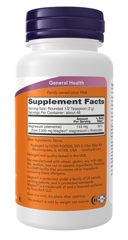 NOW Supplements, Magtein® with patented form of Magnesium, Powder,  3.2 oz
