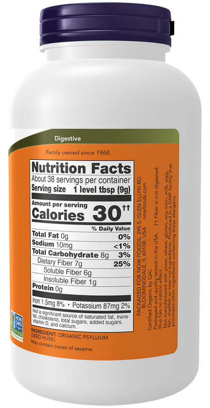 NOW Supplements, Organic Psyllium Husk Powder, Soluble Fiber, 12 oz