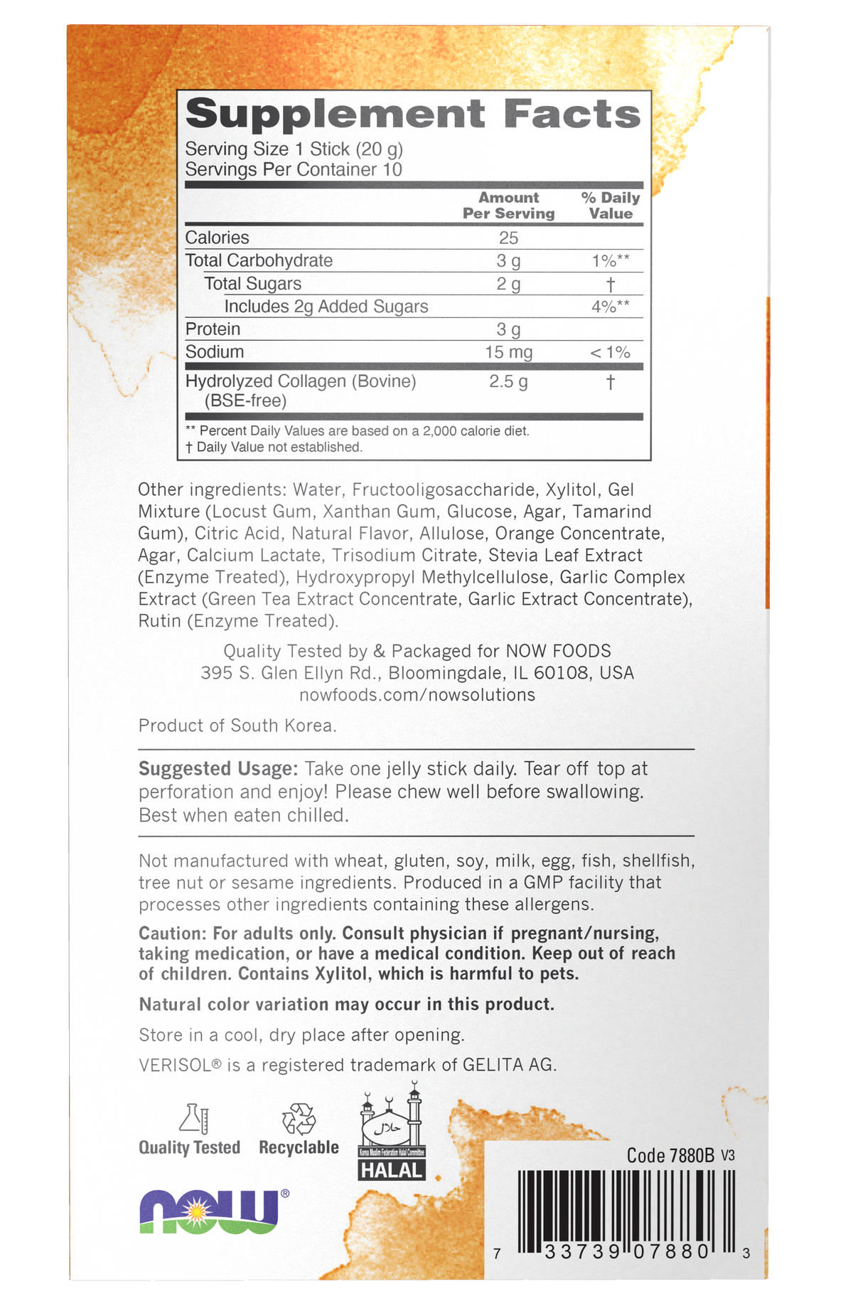 NOW Solutions, Collagen Jelly Beauty Complex, Orange, 10 Jelly Sticks