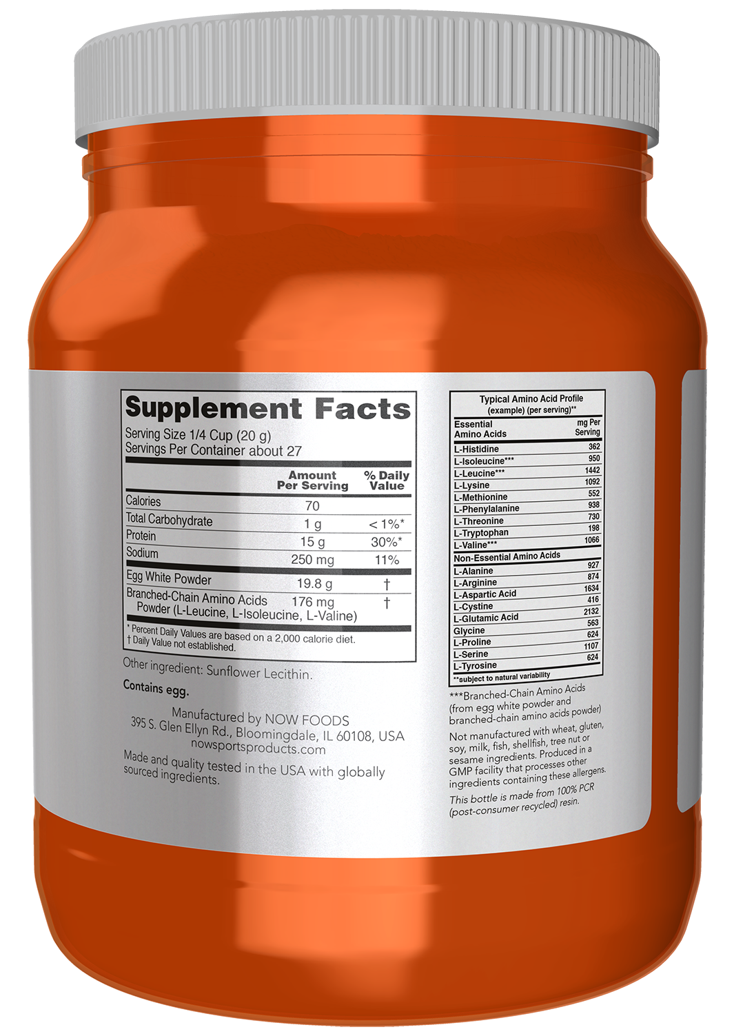 NOW Sports, Egg White Protein, 15g With BCAAs, Unflavored Powder, 1.2 lbs