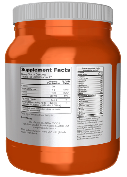 NOW Sports, Egg White Protein, 15g With BCAAs, Unflavored Powder, 1.2 lbs
