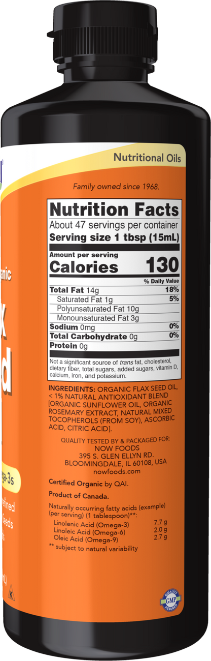 NOW Supplements, Organic Flax Seed Oil Liquid, Unrefined, 24 fl. oz