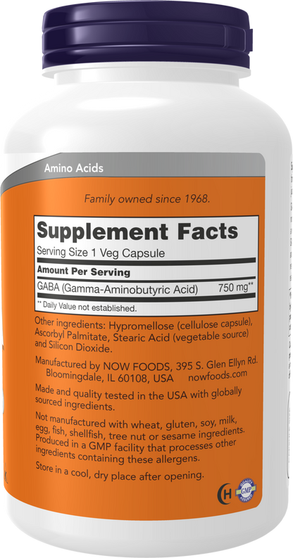 NOW Supplements, GABA 750mg, Cognitive Support*, 200 Veg Caps