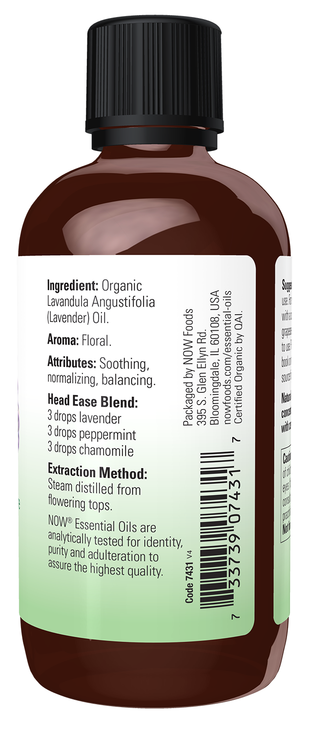 NOW Essential Oils, Organic Lavender Oil, Steam Dist., Undiluted, 4 fl. oz