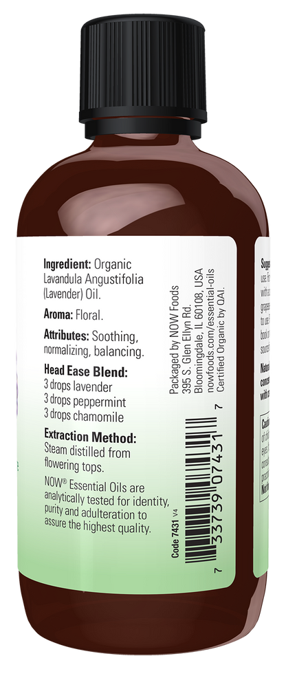 NOW Essential Oils, Organic Lavender Oil, Steam Dist., Undiluted, 4 fl. oz