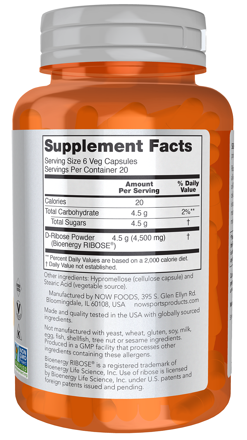 NOW Sports, D-Ribose 750 mg, Energy Production*, 120 Veg Caps