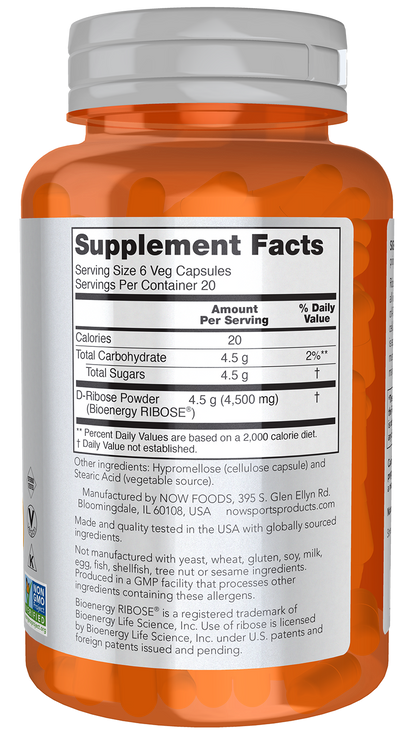 NOW Sports, D-Ribose 750 mg, Energy Production*, 120 Veg Caps