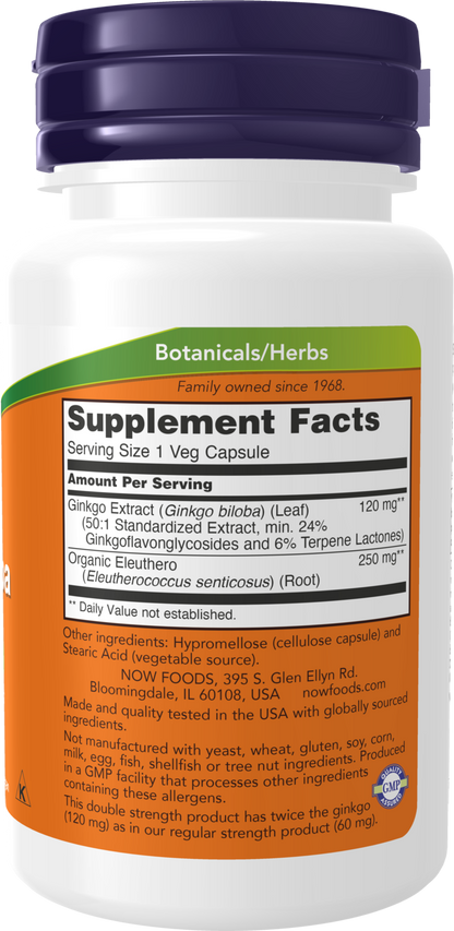 NOW Supplements, Ginkgo Biloba 120 mg, Double Strength, 50 Veg Caps