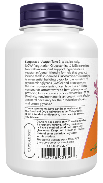 NOW Supplements, Vegetarian Glucosamine & MSM, w/GreenGrown®, 120 Veg Caps