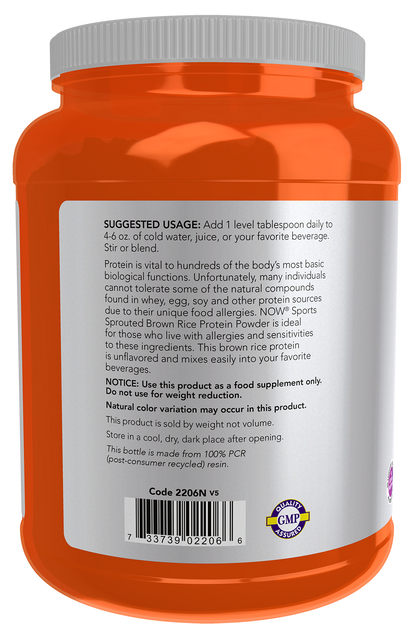 NOW Sports, Brown Rice Protein, Soy-Free, Unflavored Powder, 2 lbs