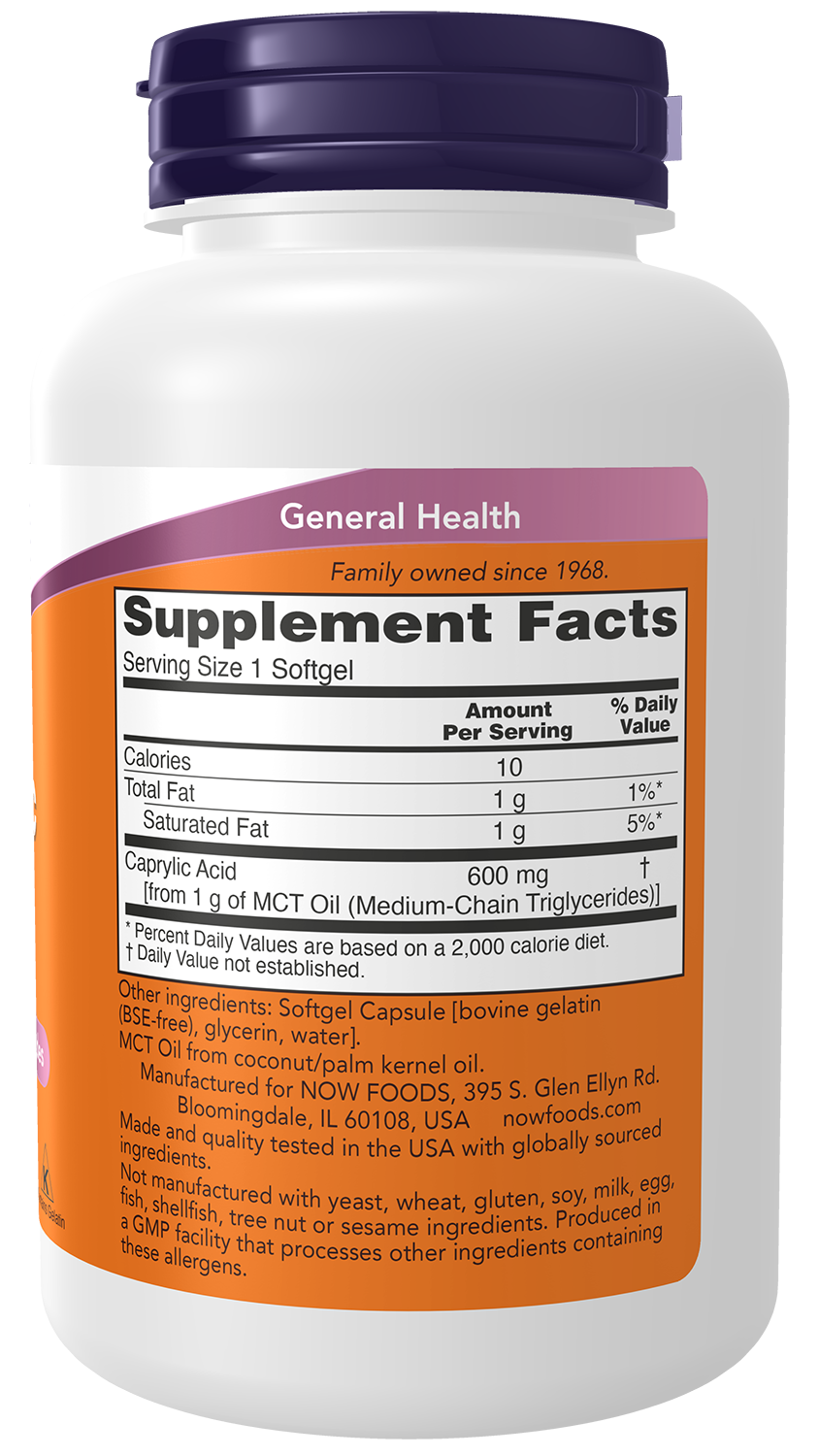 NOW Supplements, Caprylic Acid  600 mg, MCT, 100 Softgels