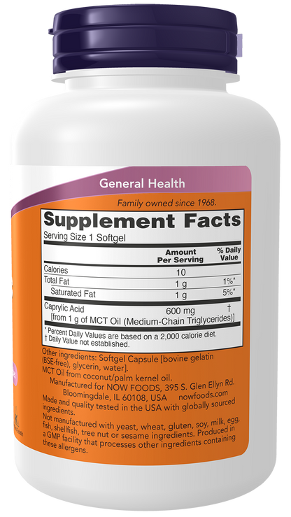 NOW Supplements, Caprylic Acid  600 mg, MCT, 100 Softgels