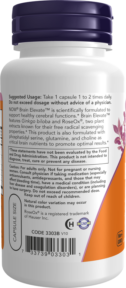 NOW Supplements, Brain Elevate™, Ginkgo Biloba & RoseOx®, 60 Veg Caps