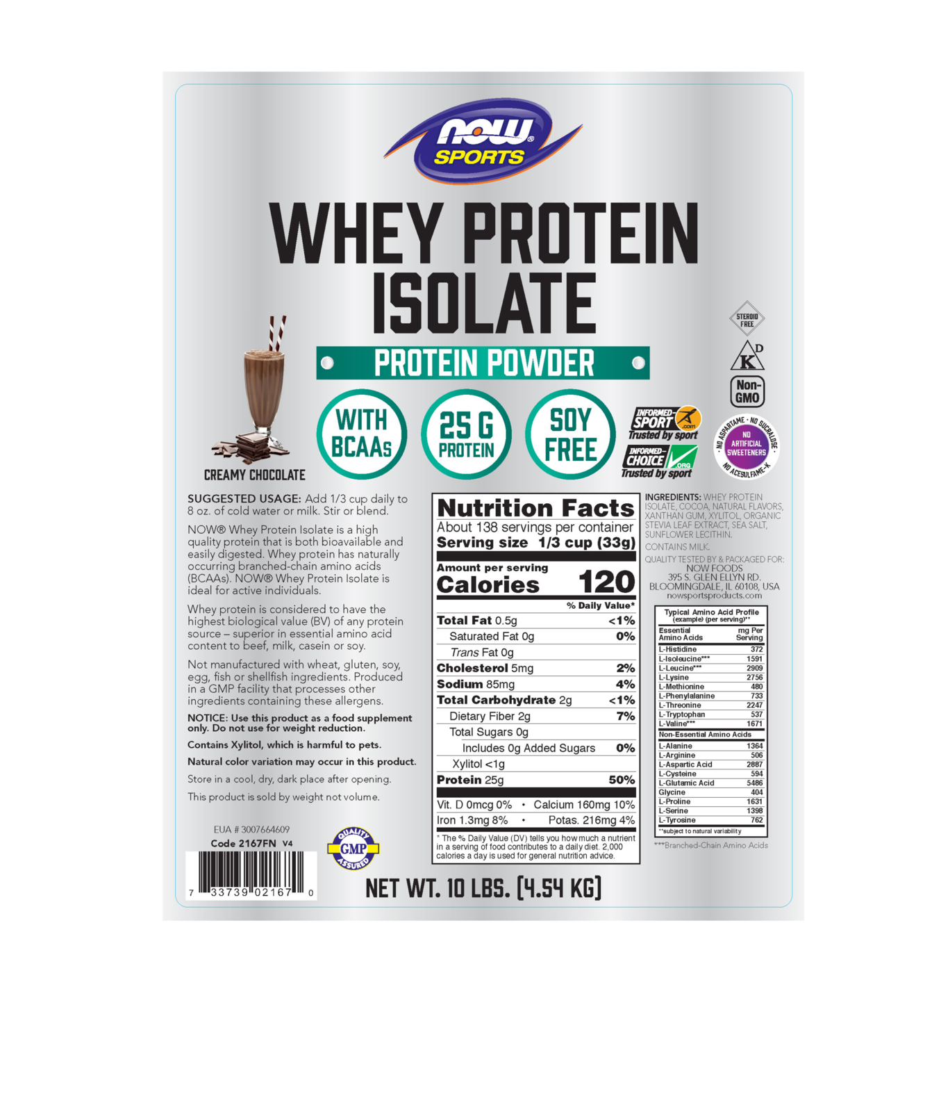NOW Sports, Whey Protein Isolate 25 g With BCAAs, Chocolate Flavor, 10 lbs