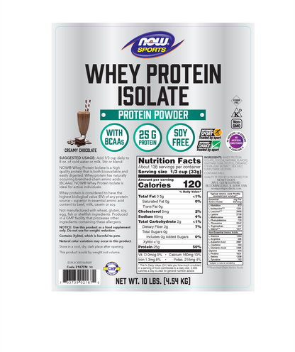 NOW Sports, Whey Protein Isolate 25 g With BCAAs, Chocolate Flavor, 10 lbs