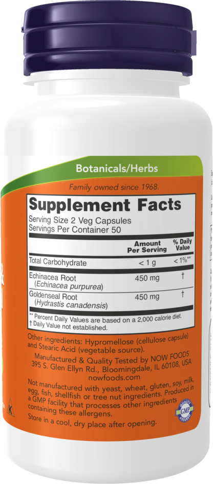 NOW Supplements, Echinacea & Goldenseal Root, Herbal Blend, 100 Veg Caps