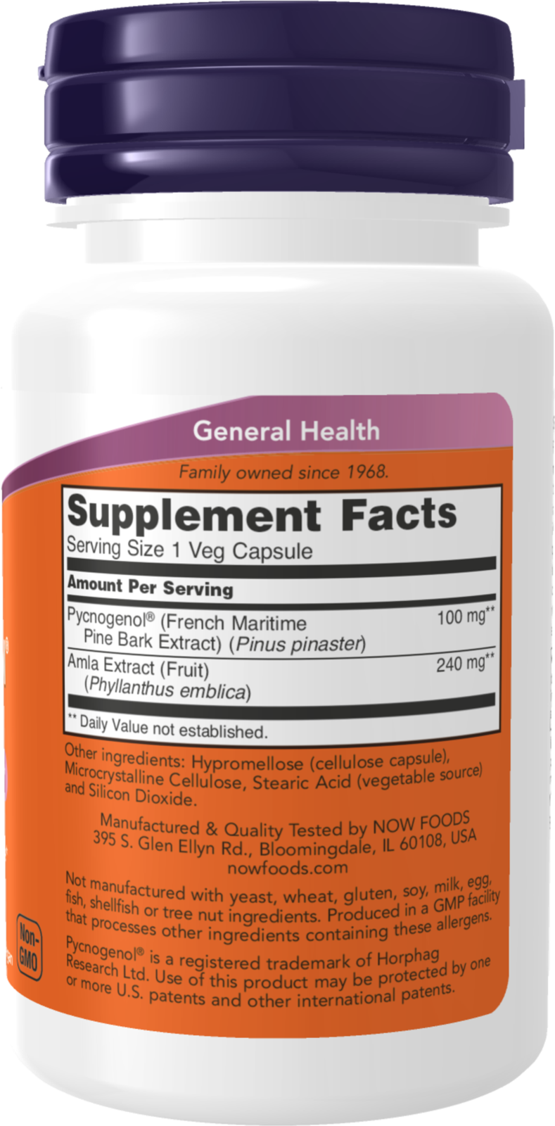 NOW Supplements, Pycnogenol 100 mg with Amla, 60 Veg Caps