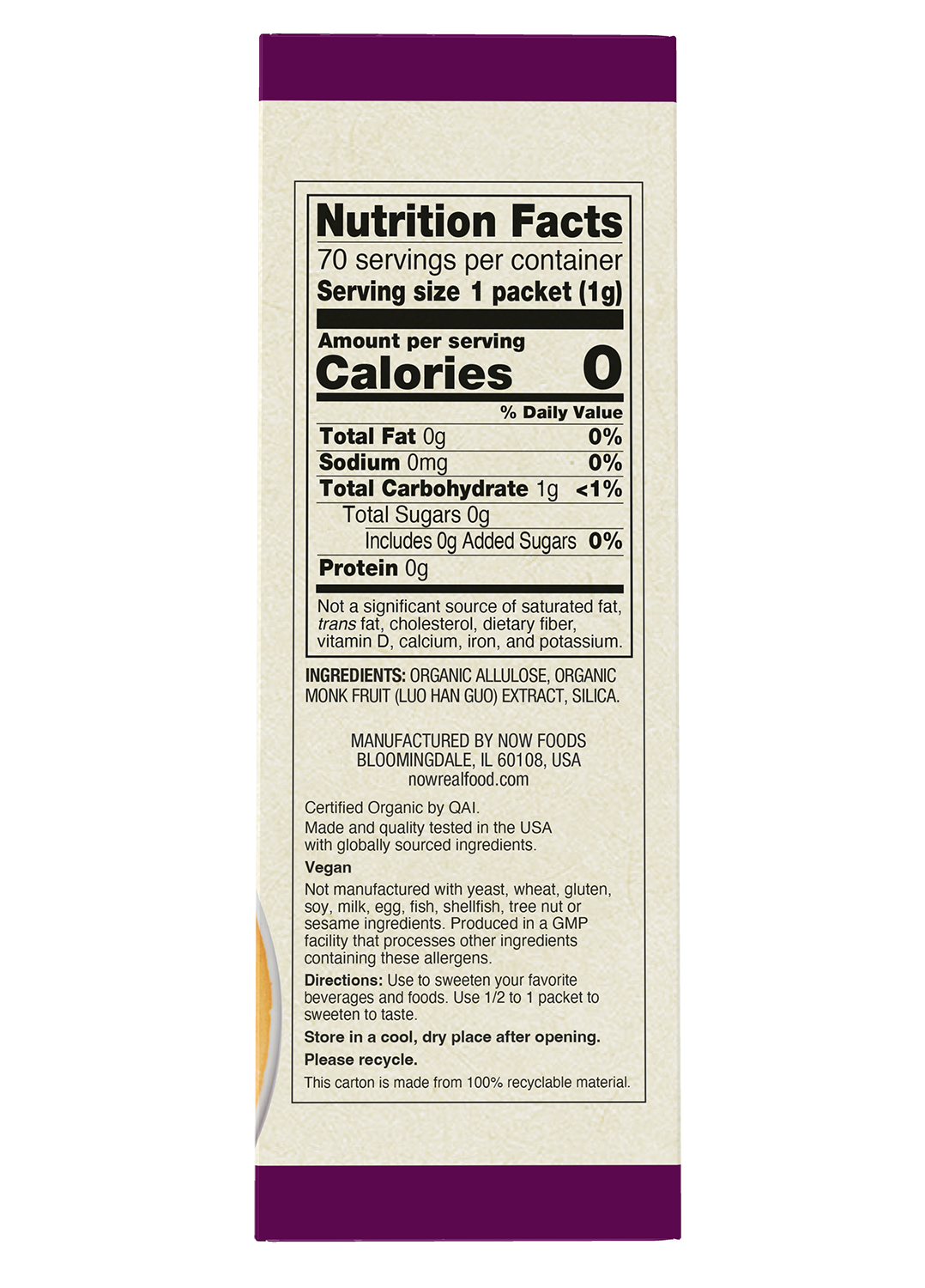 NOW Foods, Organic Monk Fruit, Zero-Calorie Sweetener, Non-GMO, 70 Packets