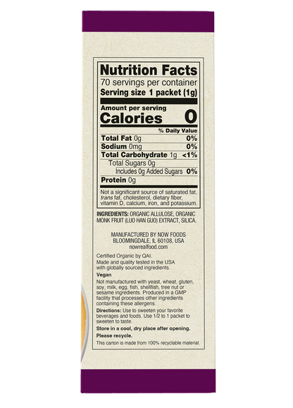 NOW Foods, Organic Monk Fruit, Zero-Calorie Sweetener, Non-GMO, 70 Packets